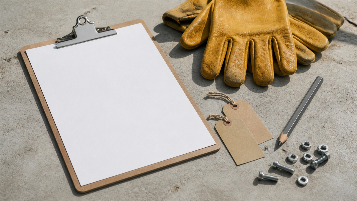 practical-job-record-field-service-company-featured A blank clipboard with work gloves, blank tags, a pencil, and plain metal fasteners