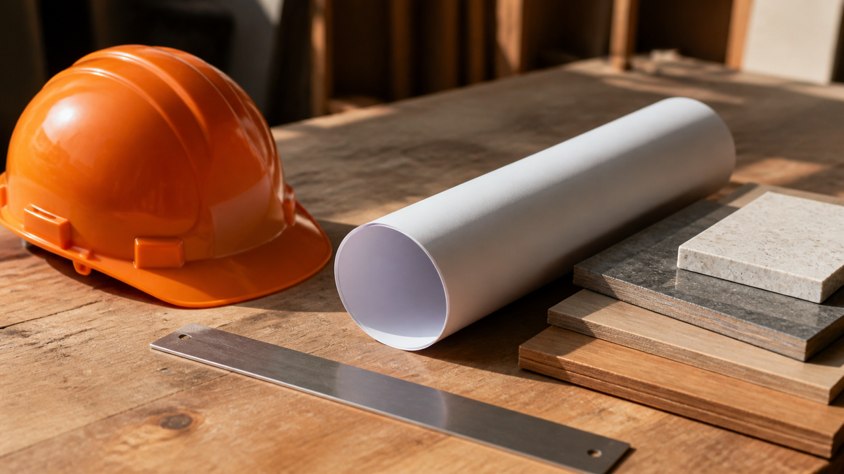 An unbranded hard hat beside a blank rolled plan and plain material samples