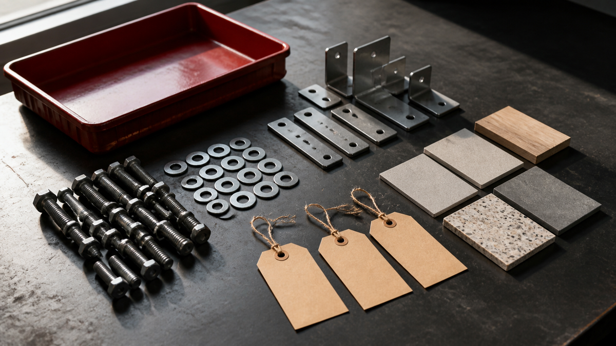 Plain bolts, washers, brackets, material samples, and blank tags beside a red parts tray